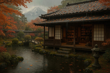 Old Japanese House In Rainy Autumn