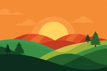 Sunrise mountain landscape with green hills, trees, and a clear sky illustration