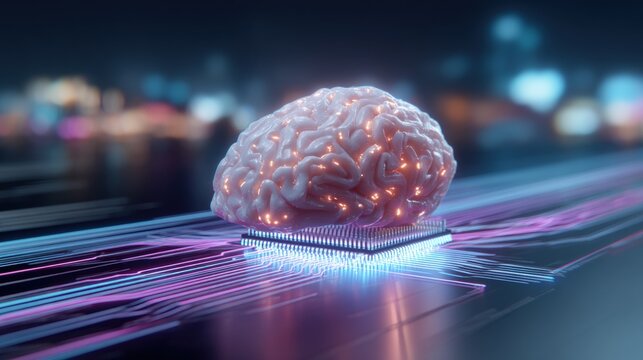 A glowing brain model integrated with a circuit board, surrounded by vibrant digital streams.