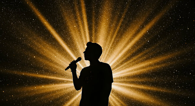 Silhouette of a Male Singer Performing on Stage with Golden Spotlight