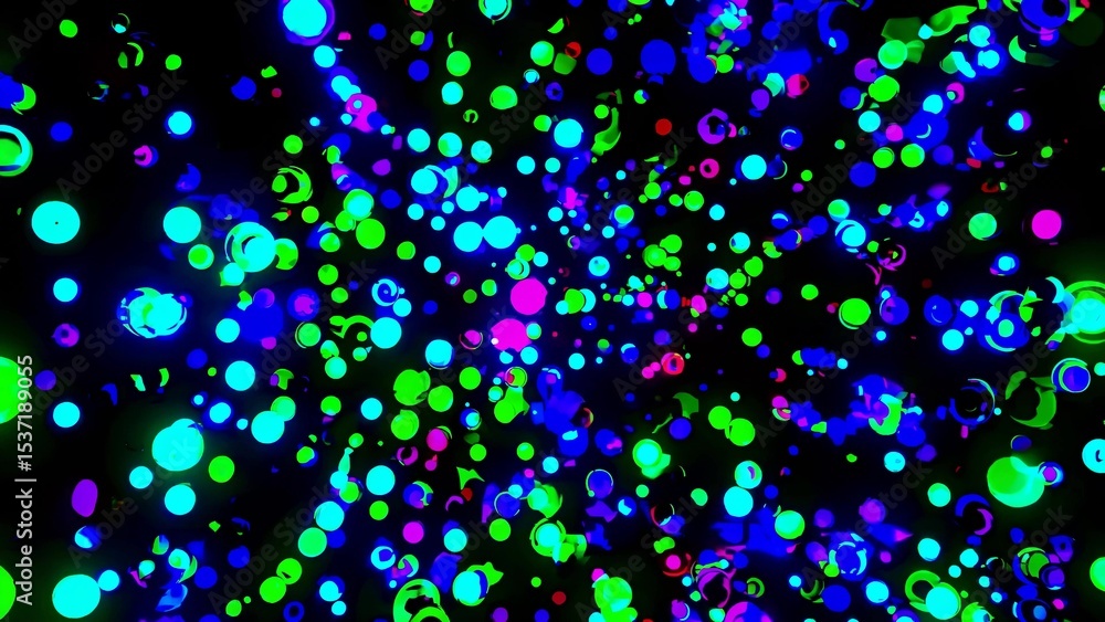 Poster glowing neon circles in various sizes and colors float against a dark backdrop, creating a vibrant a