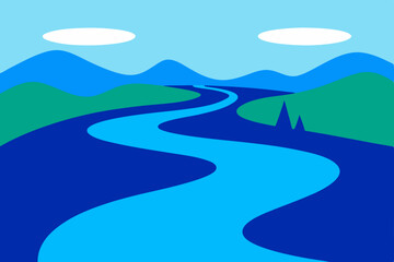 Winding mountain road through a green landscape with blue sky and clouds, a summer nature illustration toward the horizon