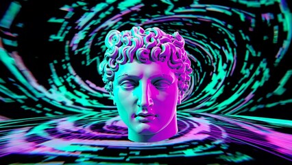 Vaporwave aesthetic featuring a classical greek bust illuminated by neon lights, emerging from a swirling digital vortex with glitch art and data streams