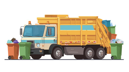 A vector illustration depicting a yellow garbage truck collecting trash from multiple colored bins. The truck is detailed, showing its cab and the rear loading mechanism.  The bins are overflowing