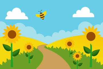 Fototapeta premium Sunflower field under a summer blue sky with clouds and green grass