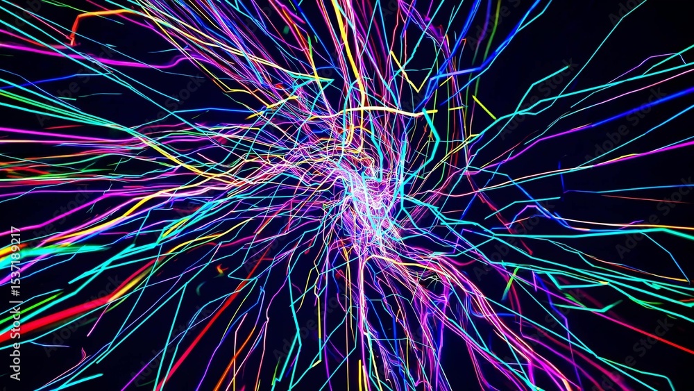 Poster numerous vibrant neon lines converge towards the center, forming a dynamic vortex against a dark bac