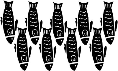 A minimalist black fish silhouette illustration arranged in a symmetrical pattern, resembling a stylized school of fish. Ideal for use in design, textiles, or aquatic-themed artwork.