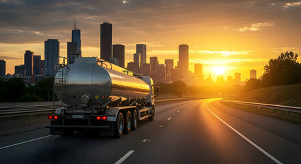 Silver Tanker Truck on Highway at Sunset with City Skyline