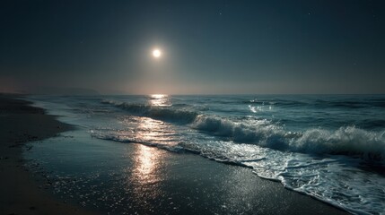 Moonlit Beach with Gentle Waves Reflecting the Night Sky