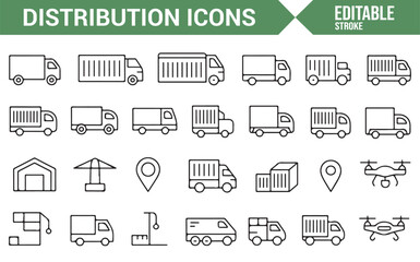 Set of Distribution, Warehouse, and Shipping Icons in Editable Style