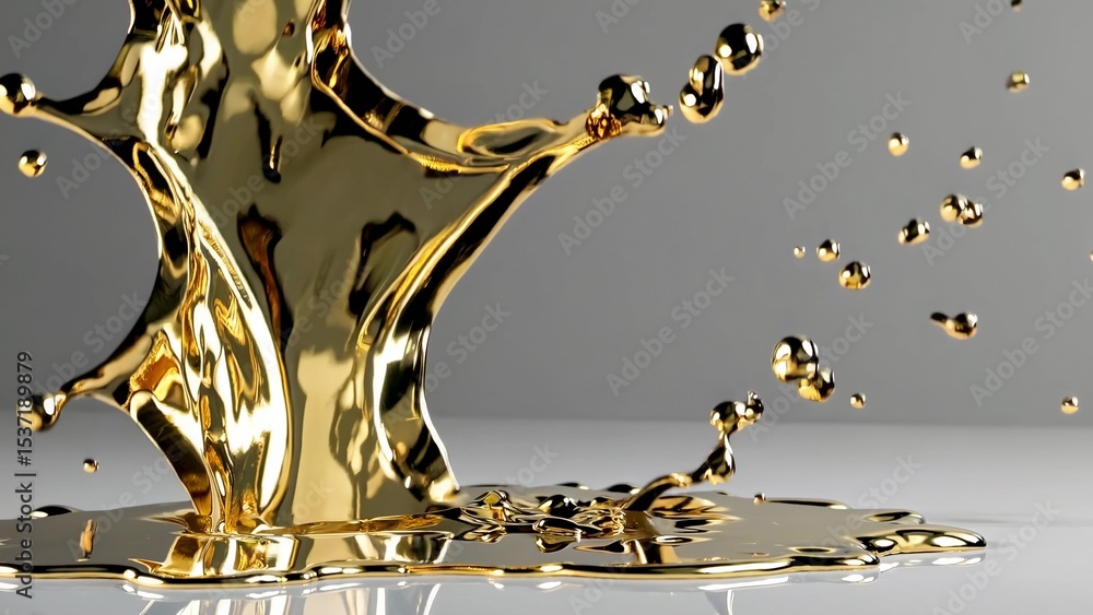 Poster dynamic splashes of liquid gold forming a crown shape, with droplets scattering in all directions, c