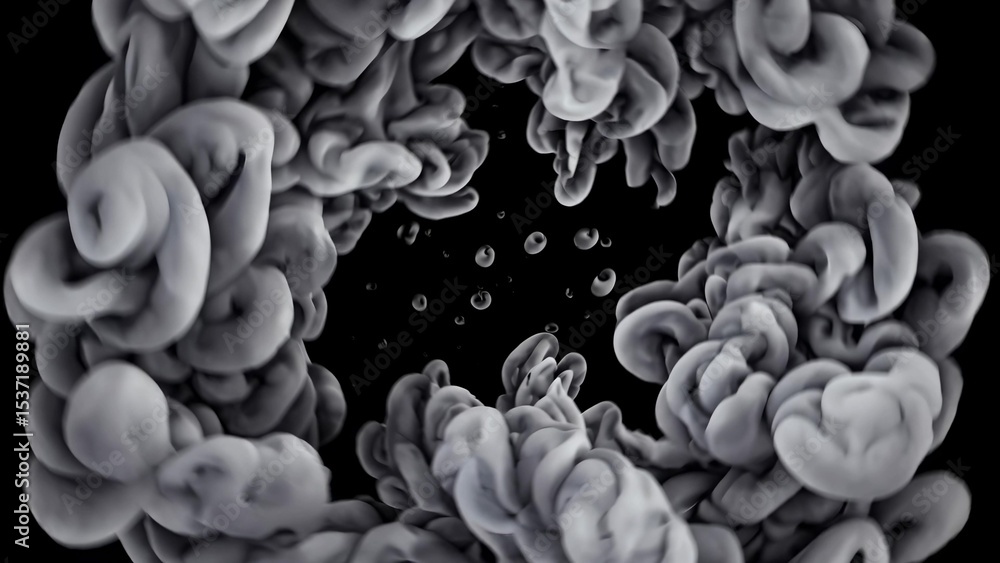 Poster grey ink dissolving gracefully in water forms round cloud shapes against a black background, creatin