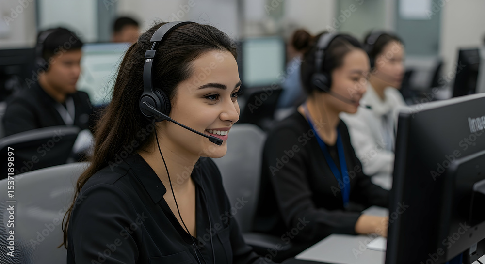 Poster smiling customer service agent wearing headset in busy office