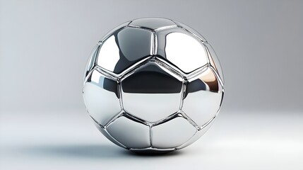 Naklejka premium 3D shiny chrome soccer ball, front view, metallic silver. Futuristic sports design symbolizing innovation, technology, and modern aesthetics—ideal for luxury branding and athletic visuals.