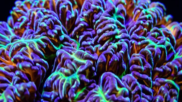 Close-up macro photograph capturing the intricate details and vibrant purple and green hues of blastomussa wellsi lps coral, glowing beautifully under specialized lighting