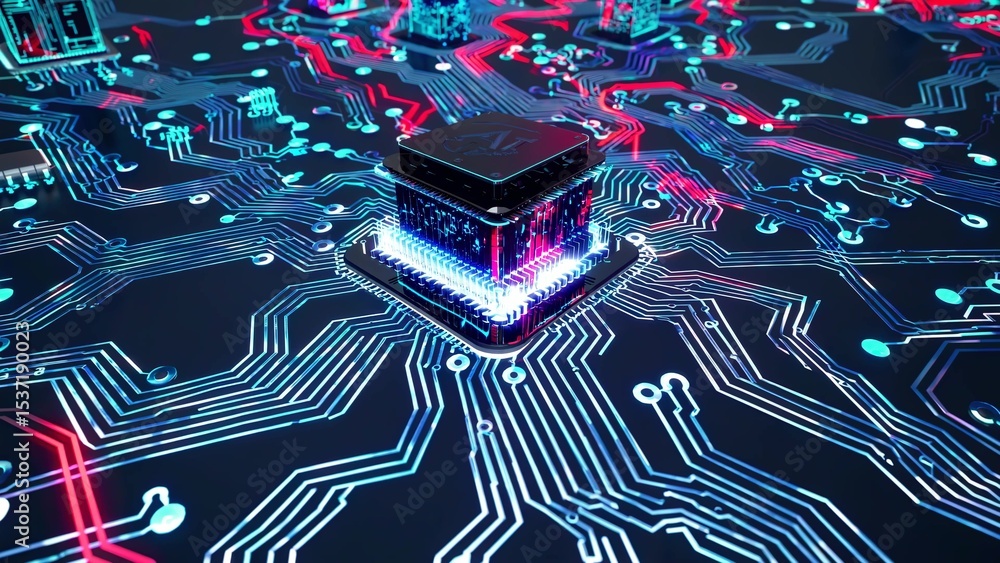 Poster central processing unit processing data on a futuristic circuit board with blue and red neon lights,