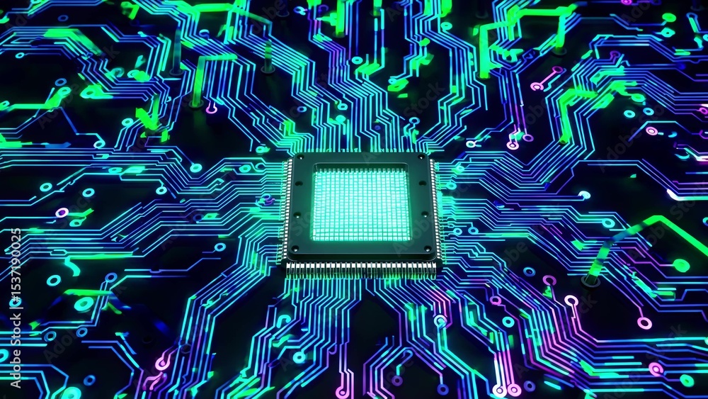 Poster futuristic glowing circuit board with a cpu processing data, illuminating the intricate network of c