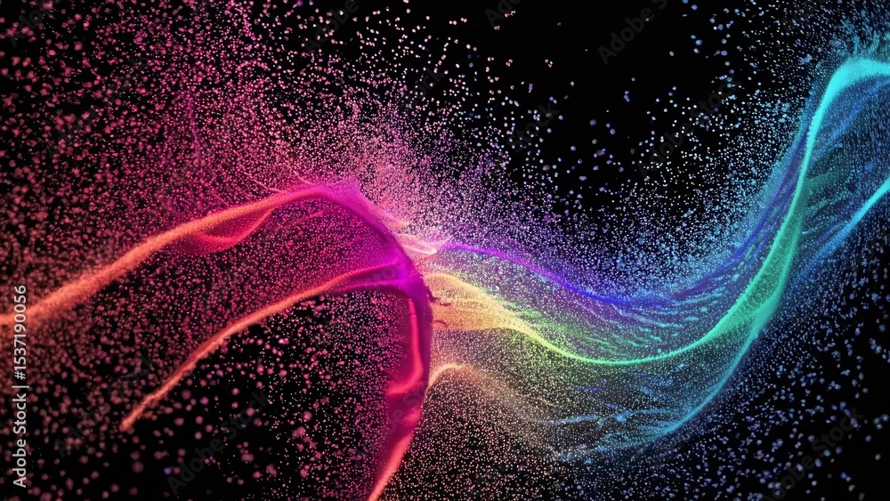 Poster bright and colorful particles are flowing and generating abstract wavy shapes on a black background,