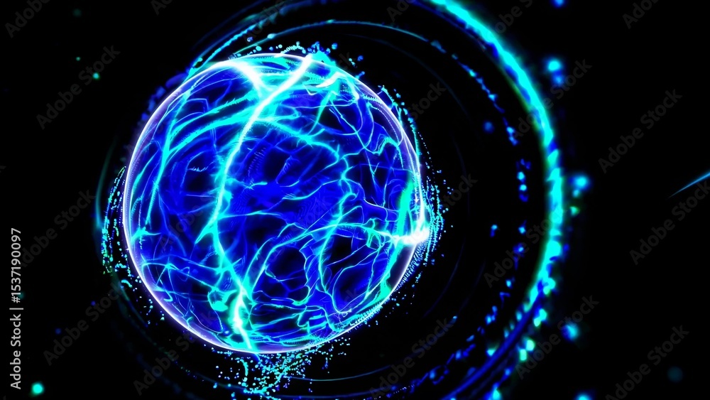 Poster abstract blue energy sphere rotating with glowing particles and light trails, representing concepts 