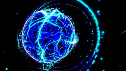 Abstract blue energy sphere rotating with glowing particles and light trails, representing concepts like energy, power, futuristic technology, and innovation