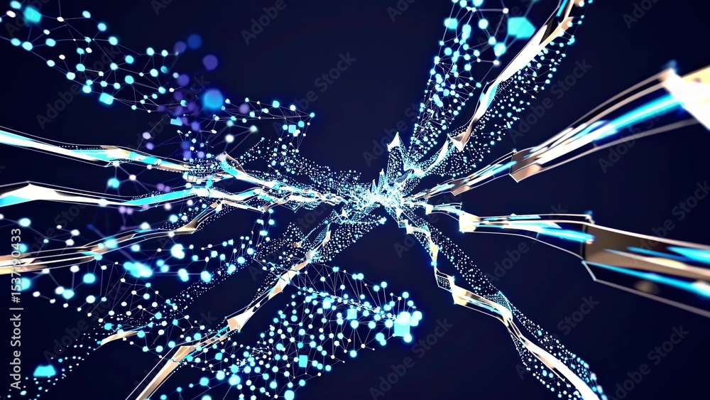 Poster intricate digital network with glowing blue and white nodes and lines, representing data flow and co