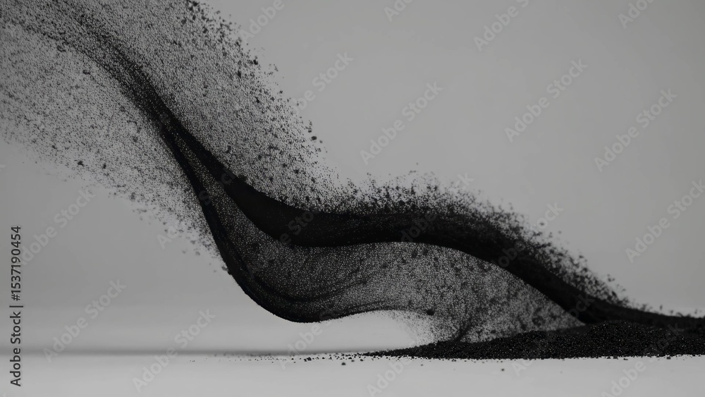 Poster black particles flowing, generating a wave shape, resembling a digital tornado or a stylized explosi