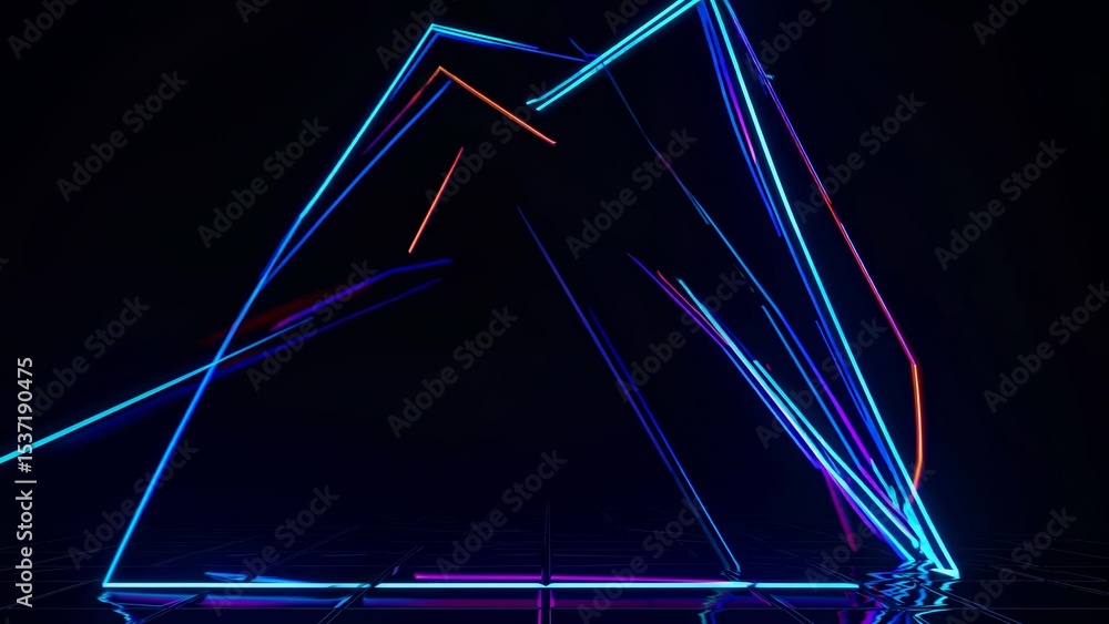 Poster colorful neon lights are forming dynamic, abstract geometric patterns on a dark reflective surface, 
