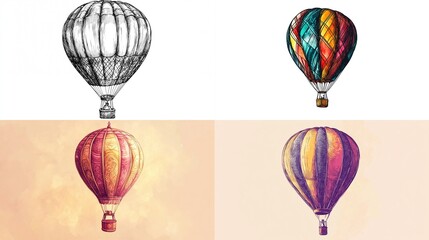 Four variations of a hot air balloon, from sketch to colored illustration, set against different backgrounds