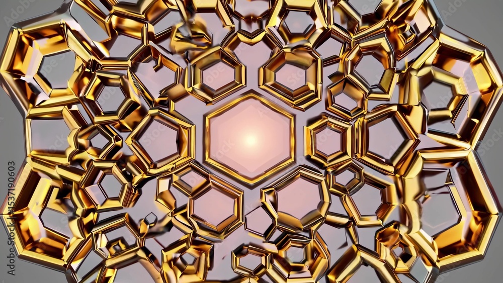 Poster complex golden hexagonal structure radiating warm light, creating an intricate and visually captivat