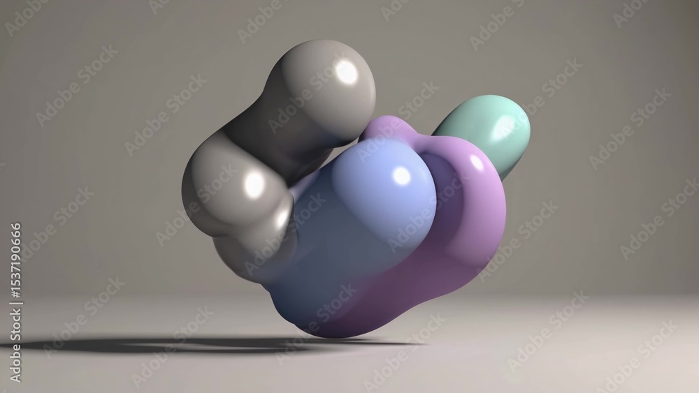 Poster smooth, pastel-colored abstract shapes intertwine and float above a neutral background, creating a m