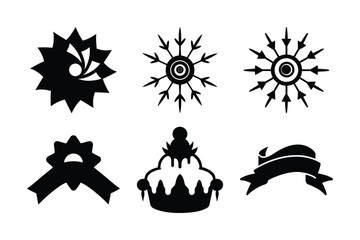 A Collection of Festive Black and White Vector Illustrations Featuring Snowflakes, Bows, Cupcakes, and Banners, Perfect for Holiday Designs