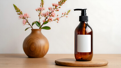 Amber Glass Shampoo Bottle Mockup with White Label and Pink Flowers
