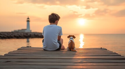 Serene sunset scene with boy and dog on dock, enjoying tranquil sea view together during warm summer holiday