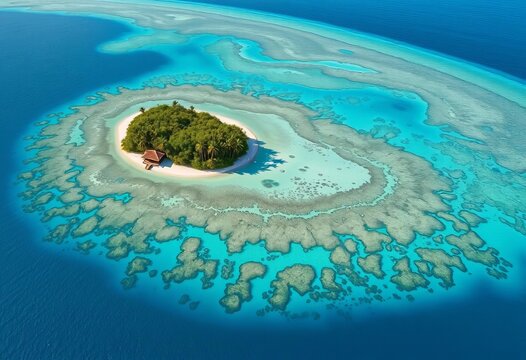 Idyllic Tojo Una-Una Regency island, vibrant coral reef, turquoise ocean Aerial view,  green,  vacation