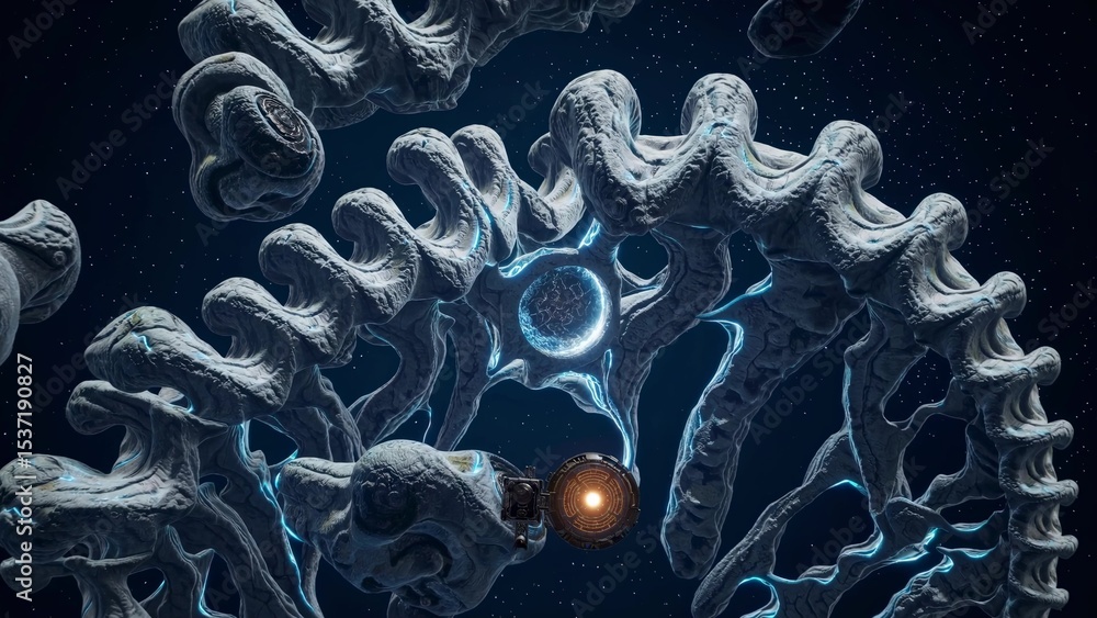 Poster futuristic spaceship with glowing lights is approaching a network of organic-looking structures floa