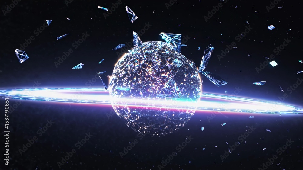 Poster glowing crystal planet exploding and shattering into fragments, surrounded by a radiant ring, set ag