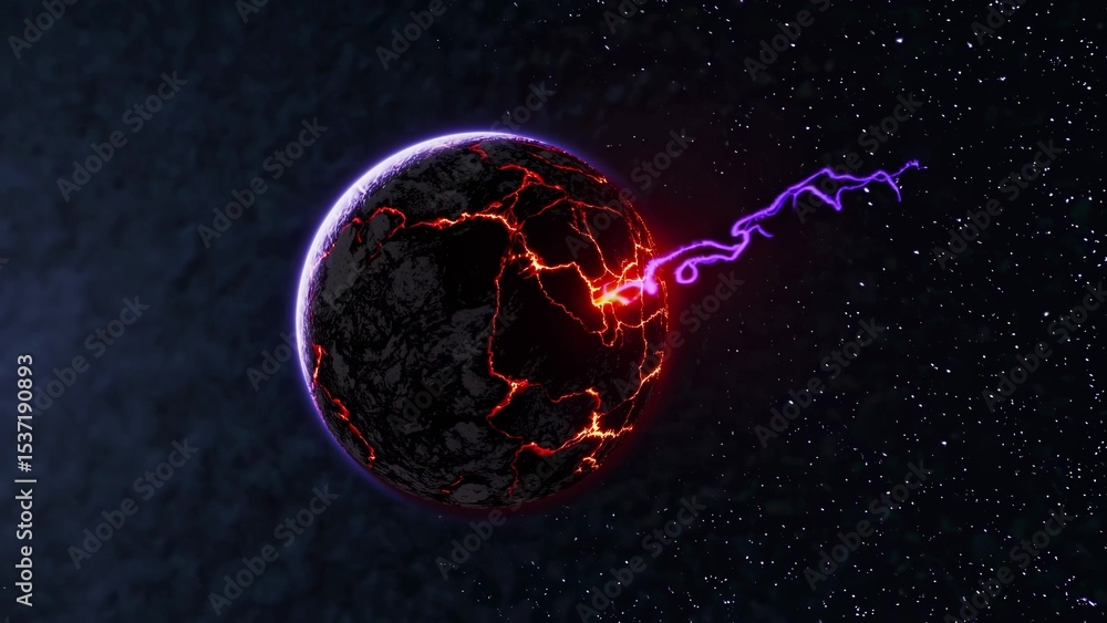 Poster lightning is striking and exploding a dark planet with glowing orange cracks, creating a dramatic co