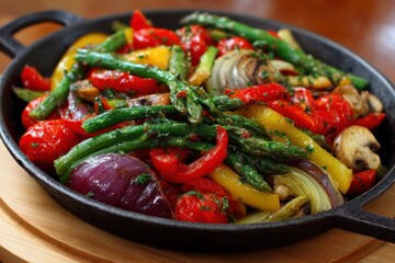 A cast iron pan holds saut&eacute;ed vegetables asparagus redyellow peppers mushrooms onions and tomatoes