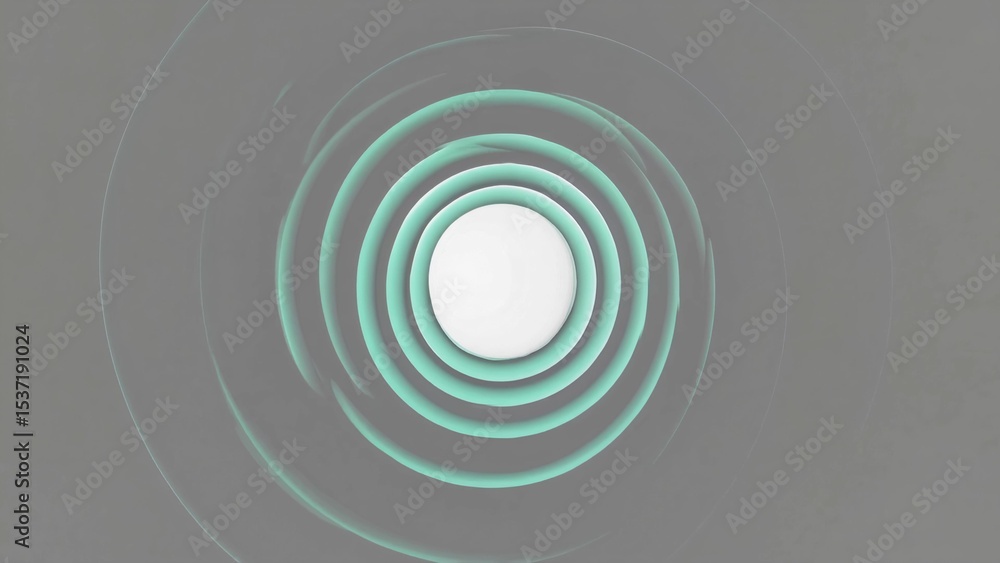Poster concentric aqua green circles are rotating around a white circle on a gray background, creating a me
