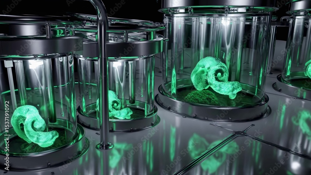 Poster glowing digital brains developing within transparent containers of advanced laboratory equipment ill