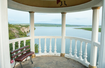 Beautiful natural landscape in the north of the Republic of Moldova with the Prut River and steep cliffs.