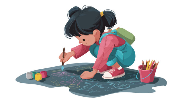 A digitally rendered illustration depicts a young girl with dark hair tied in a ponytail, wearing a pink shirt and blue overalls, and a small green backpack. She is crouched down on the ground,