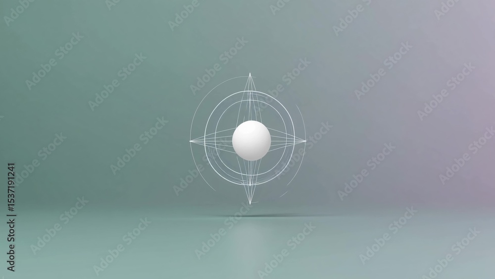 Poster minimalist composition featuring a white sphere suspended within an intricate wireframe structure, c