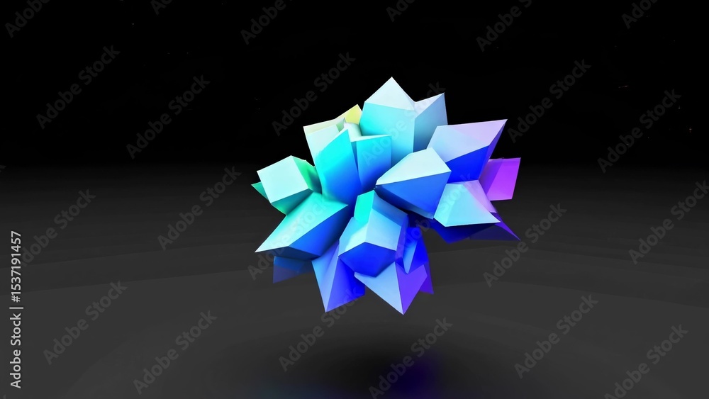 Poster complex geometric shape made of iridescent crystal facets is glowing in a dark empty room, creating 