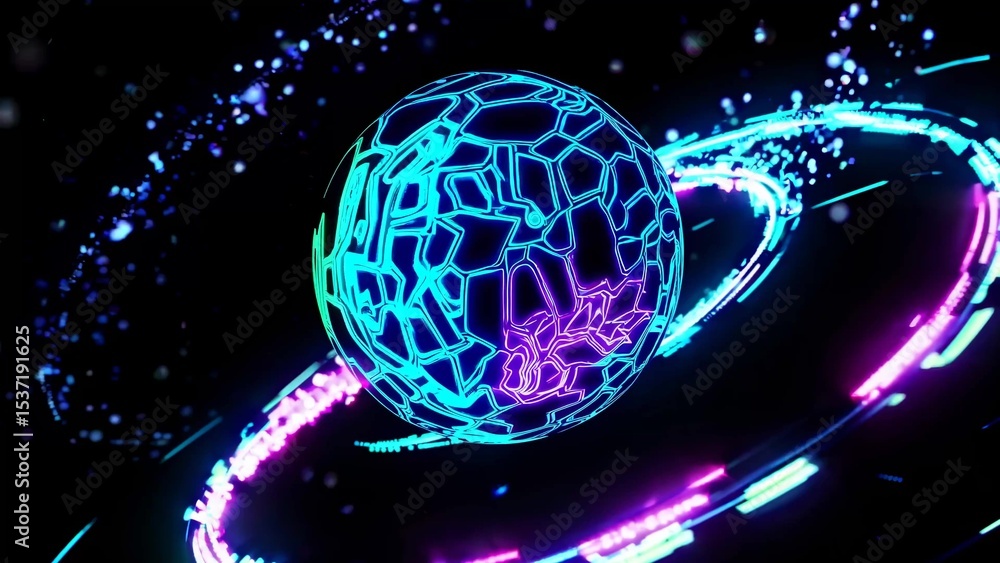Poster futuristic glowing sphere rotating with neon rings and particles in dark space, creating a mesmerizi