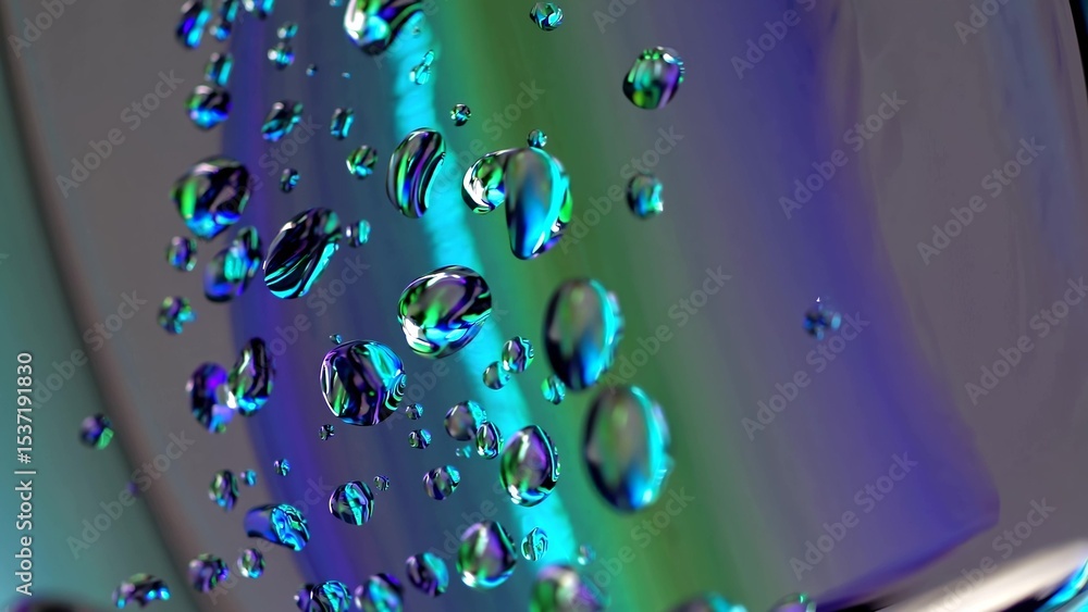 Poster metallic water droplets cascading onto an iridescent surface create a captivating visual spectacle, 