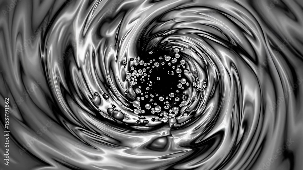 Poster dynamic abstract design featuring a swirling vortex with metallic spheres. the monochrome palette en