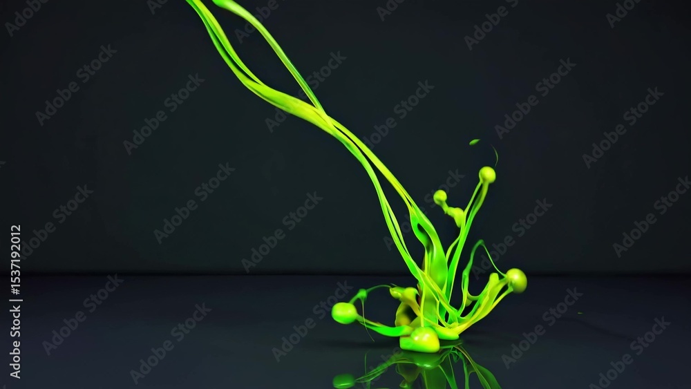 Poster vivid green paint is splashing and creating dynamic shapes on a reflective dark surface, with subtle