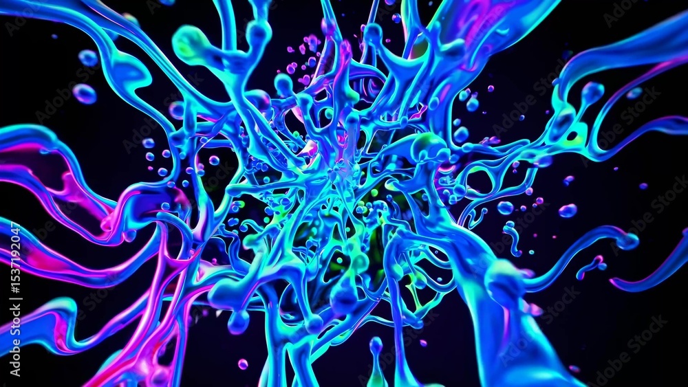 Aufkleber bright neon-colored liquid is splashing, swirling, and exploding against a stark black background, c