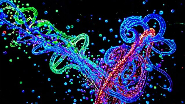 Bright neon particles are flowing, swirling, and creating colorful trails and bubbles on a black background, giving a sense of energy and movement